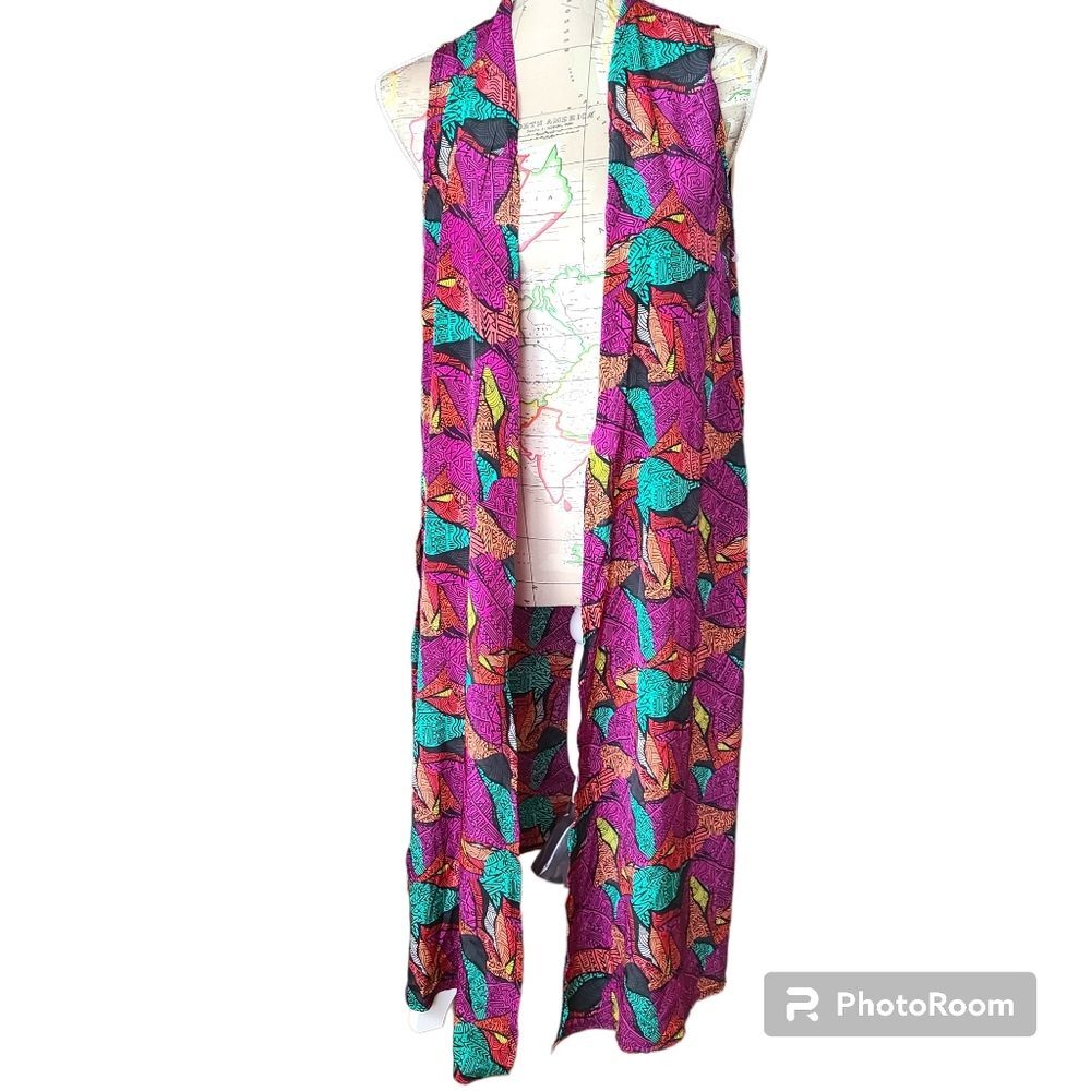 NEW LULAROE Size Small Pink Colorful Geometric Sleeveless Long Duster Cardigan